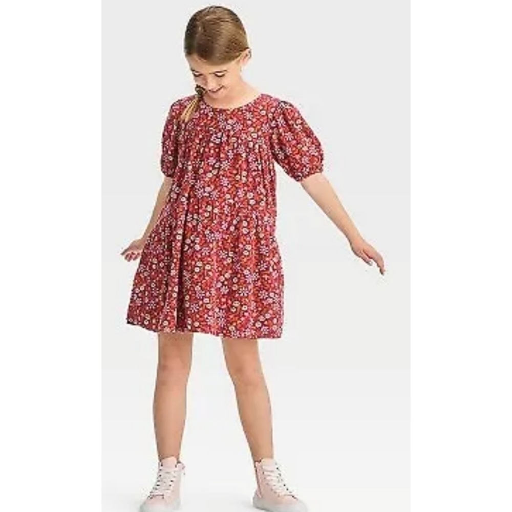 Cat & Jack Floral Short Sleeve Floral Woven dress Burgundy Size L (10/12